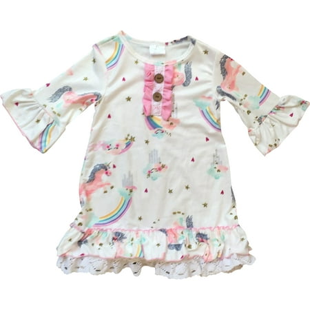 

Toddler Girl Kids Ruffle Sleeve Unicorn Rainbow Flower Girl Dress Off White 2T XS 201297 BNY Corner