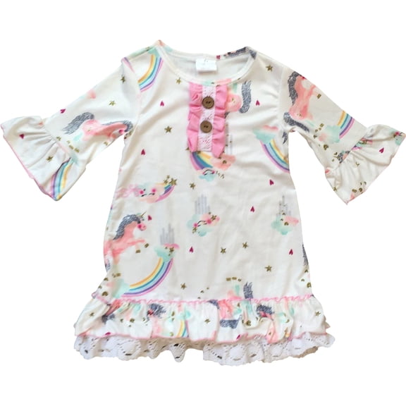 Toddler Girl Kids Ruffle Sleeve Unicorn Rainbow Flower Girl Dress Off White 2T XS 201297 BNY Corner