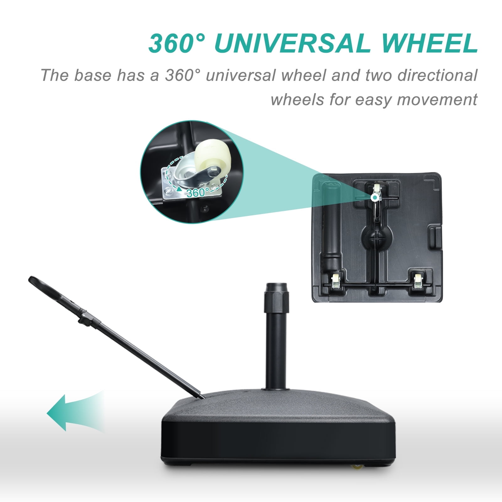 Aoodor Fillable Patio Umbrella Base Heavy Duty with Wheels and Pull Rod for Deck, Poolside, Lawn(Black)