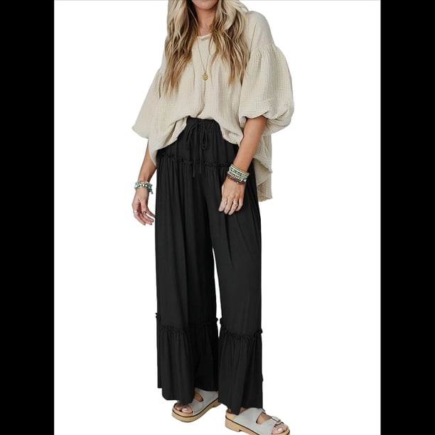 Pantalones Palazzo Holgados de Playa con Cintura Alta Elástica, Dobladillo con Volantes y Pierna para Mujer Negro XS