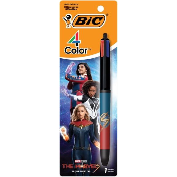 BIC 4 Color Marvel Studios' The Marvels Edition Retractable Ballpoint Pen, Medium Point, 1.0 mm, Black Barrel, Assorted Ink Colors, Pack of 1