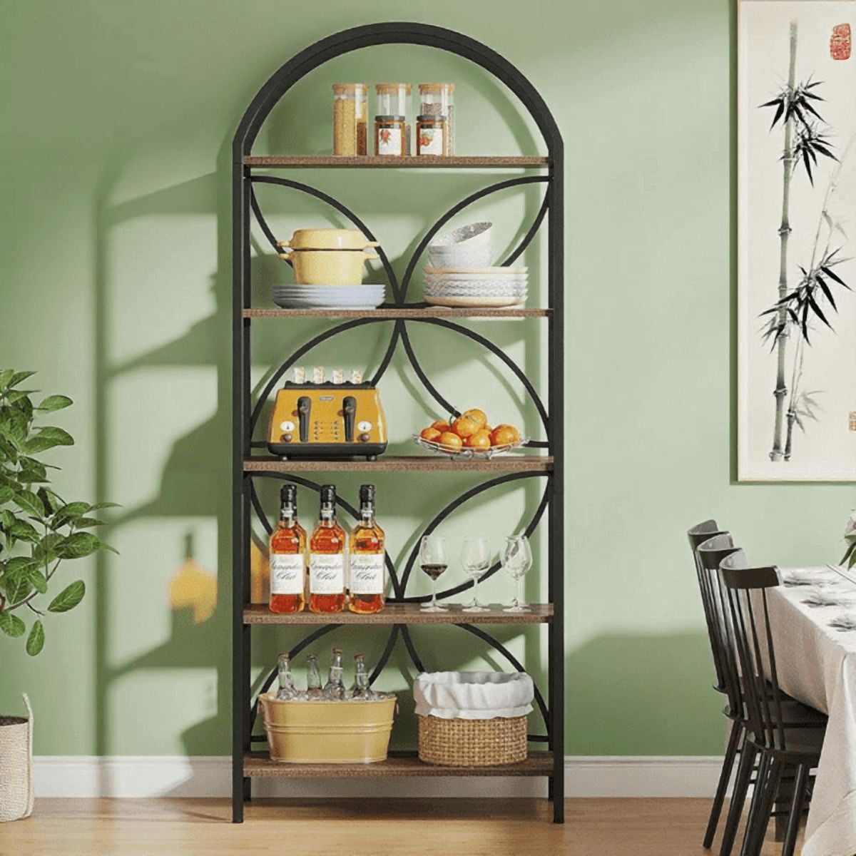 5-Tier Rustic Industrial Narrow Bookshelf - Metal Frame & MDF, Compact Open Storage for Living Room/Office/Farmhouse