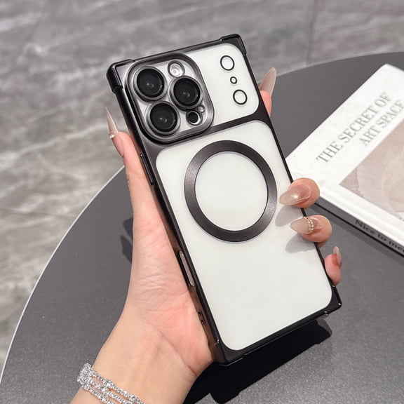 for iPhone 14 Plating Magnetic Straight Edge Matte Case with Lens Protector, Compatible with MagSafe, Shockproof Drop Protective Ultra Slim Clear Back Cover for iPhone 14, Black