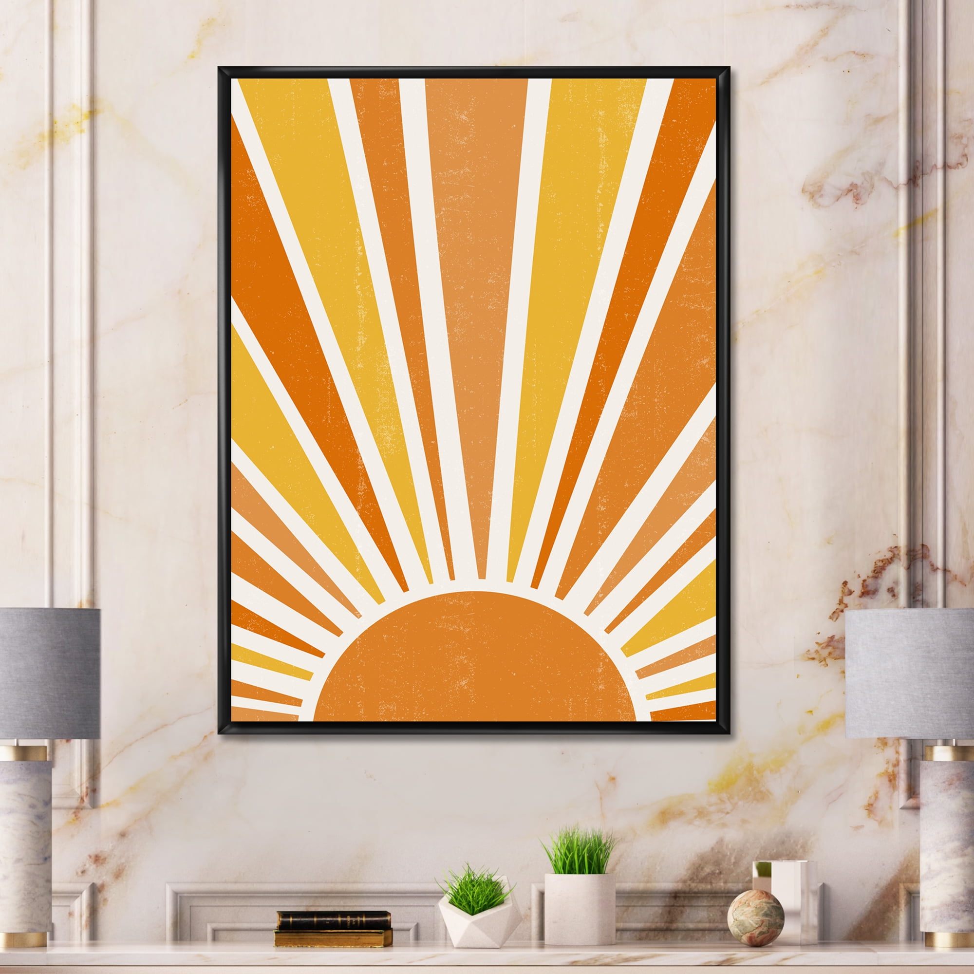 Designart 'Minimal Bright Shining Orange Sun Rays II' Modern Framed Canvas Wall Art Print