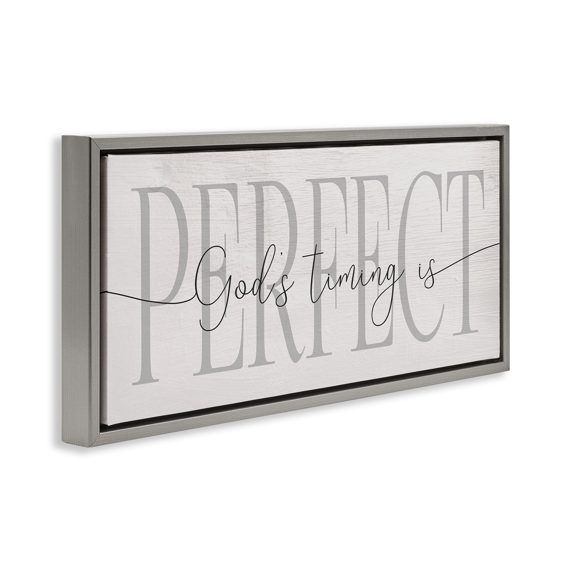 Stupell Industries God's Timing is Perfect Phrase Religious Painting Gray Floater Framed Canvas Art Print Wall Art, 31 x 14