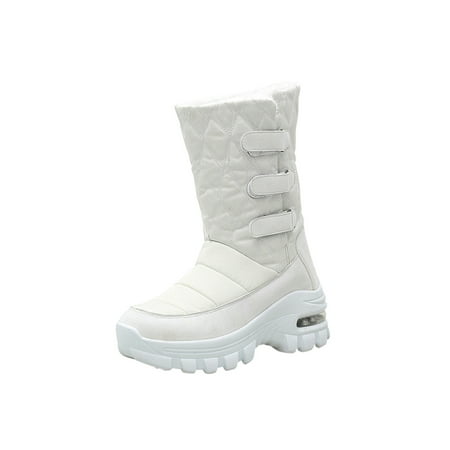 

Ferndule Womens Winter Shoes Platform Snow Boots Air Cushioned Mid Calf Boot Comfort Plush Lining Walking Round Toe Slip Resistant White 5