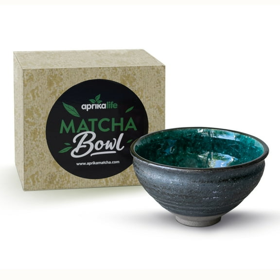AprikaLife Traditional Japanese Matcha Tea Bowl Handcrafted Ceramic Tea Ceremony Cup Black Crystal & Light Blue Glaze