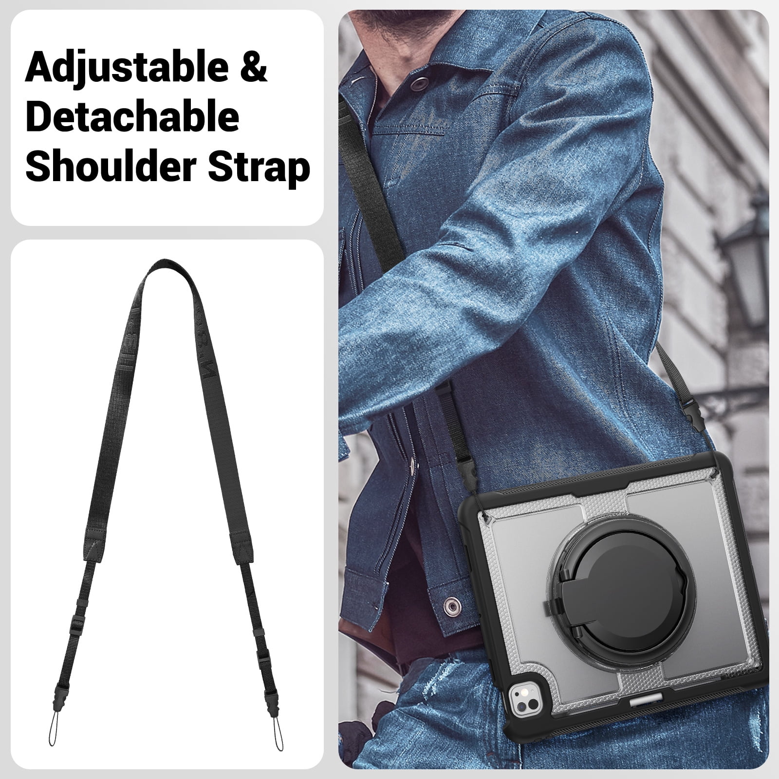 Shockproof Case for Apple iPad Pro 11 Inch 2024, Rugged Hybrid Protective Cover with Pencil Holder & Shoulder Strap Kids Friendly Rotating Kickstand Case for iPad Pro 11" 2024 M4,Clear