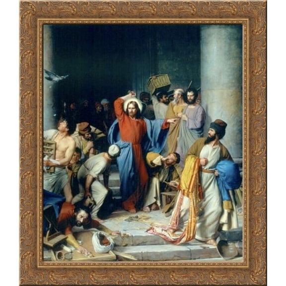 Jesus casting out the money changers at the temple 24x20 Gold Ornate Wood Framed Canvas Art by Carl Bloch
