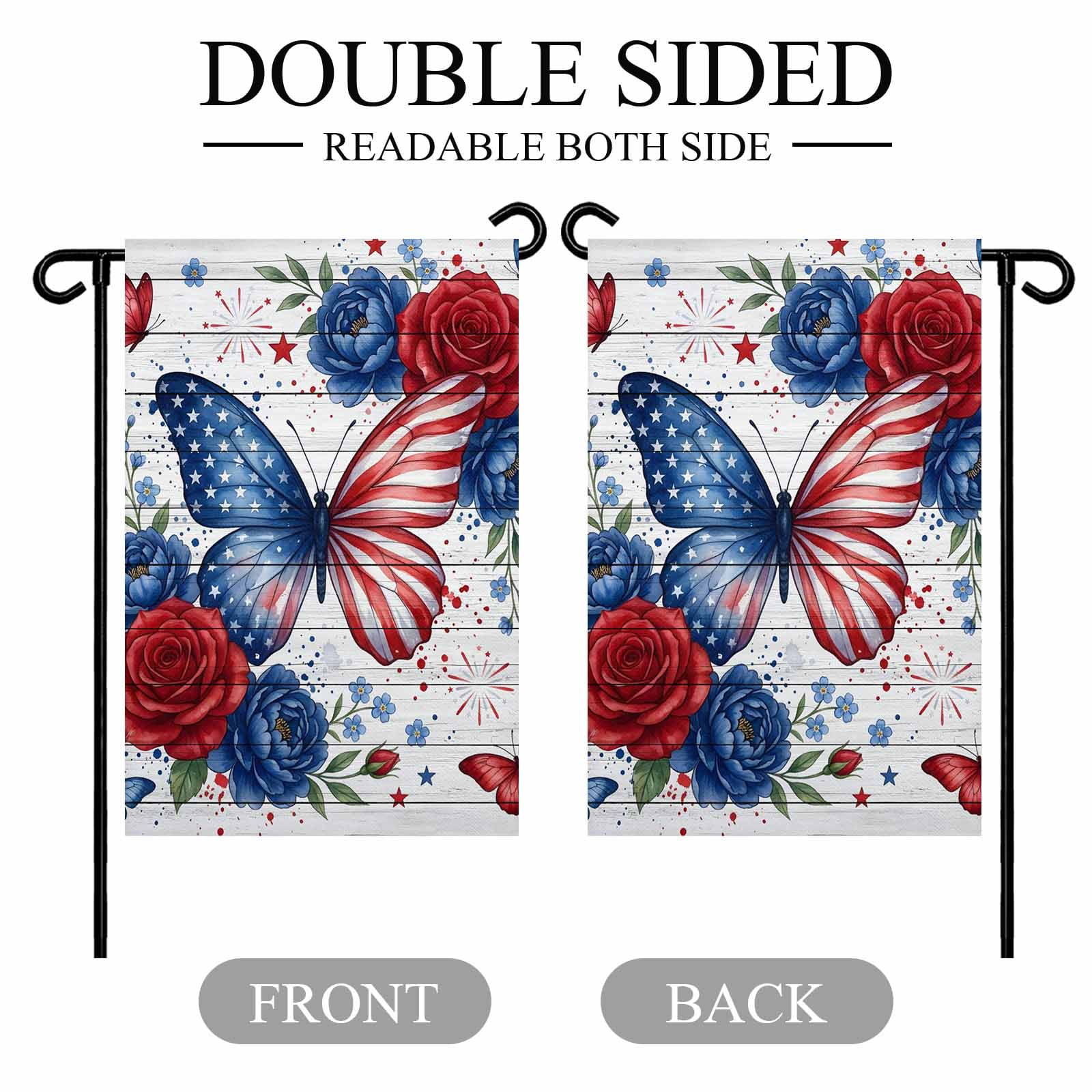 4th of July Garden Flags Red White Blue Butterfly Garden Flag Double Sided Welcome Flag Star Rose Flower Independence Day Yard Flags for Outdoor Lawn Porch Memorial Day Holiday Decor 28x40 Inch