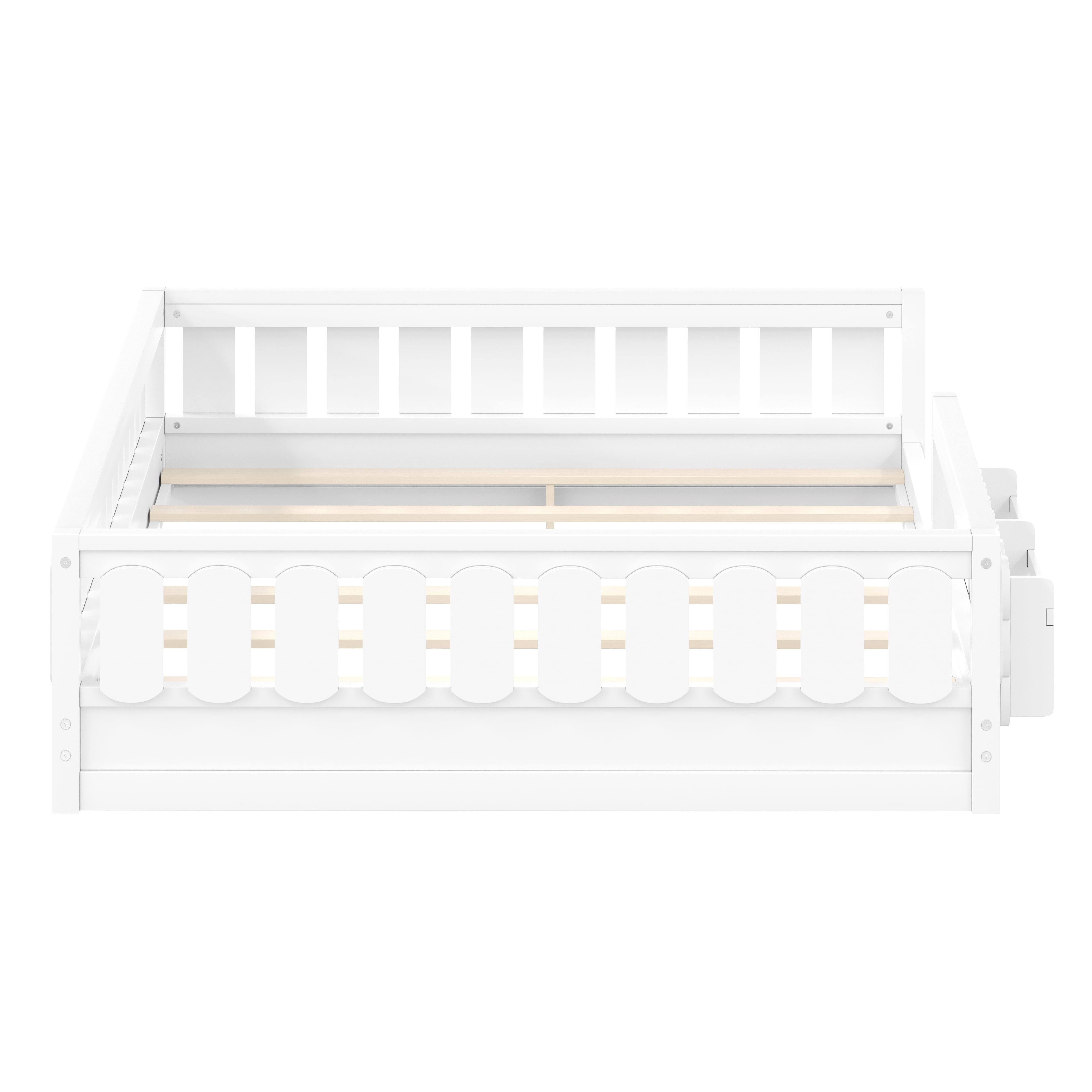 Euroco Wood Full Size Platform Bed with Shelves, Floor Bed with Guardrails, White