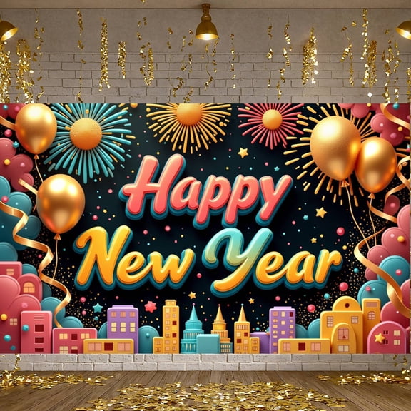 Golden Balloons Happy New Year Banner Fireworks New Year Display Vibrant Design Colorful Buildings Holiday Background for New Year Party Indoor Decoration Family Gathering