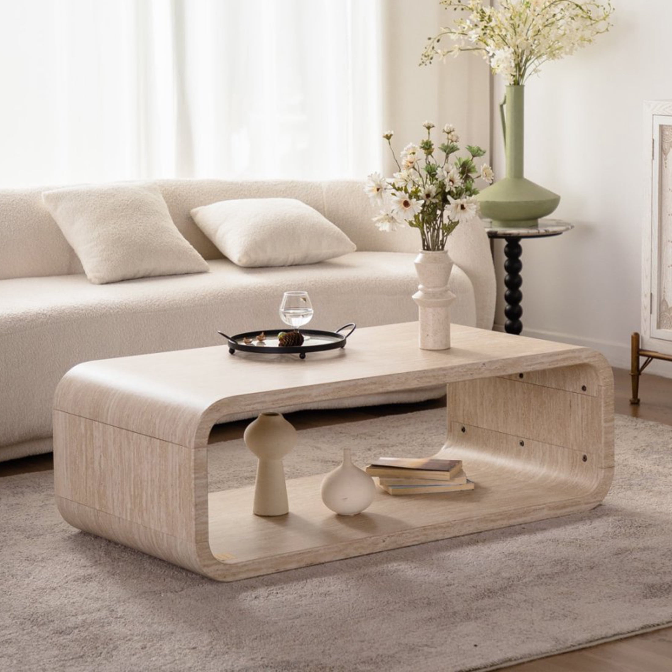 Noble House Dyani 47" Elegant Curved Coffee Table with Open Storage Shelf, for Contemporary Living Room, Amber