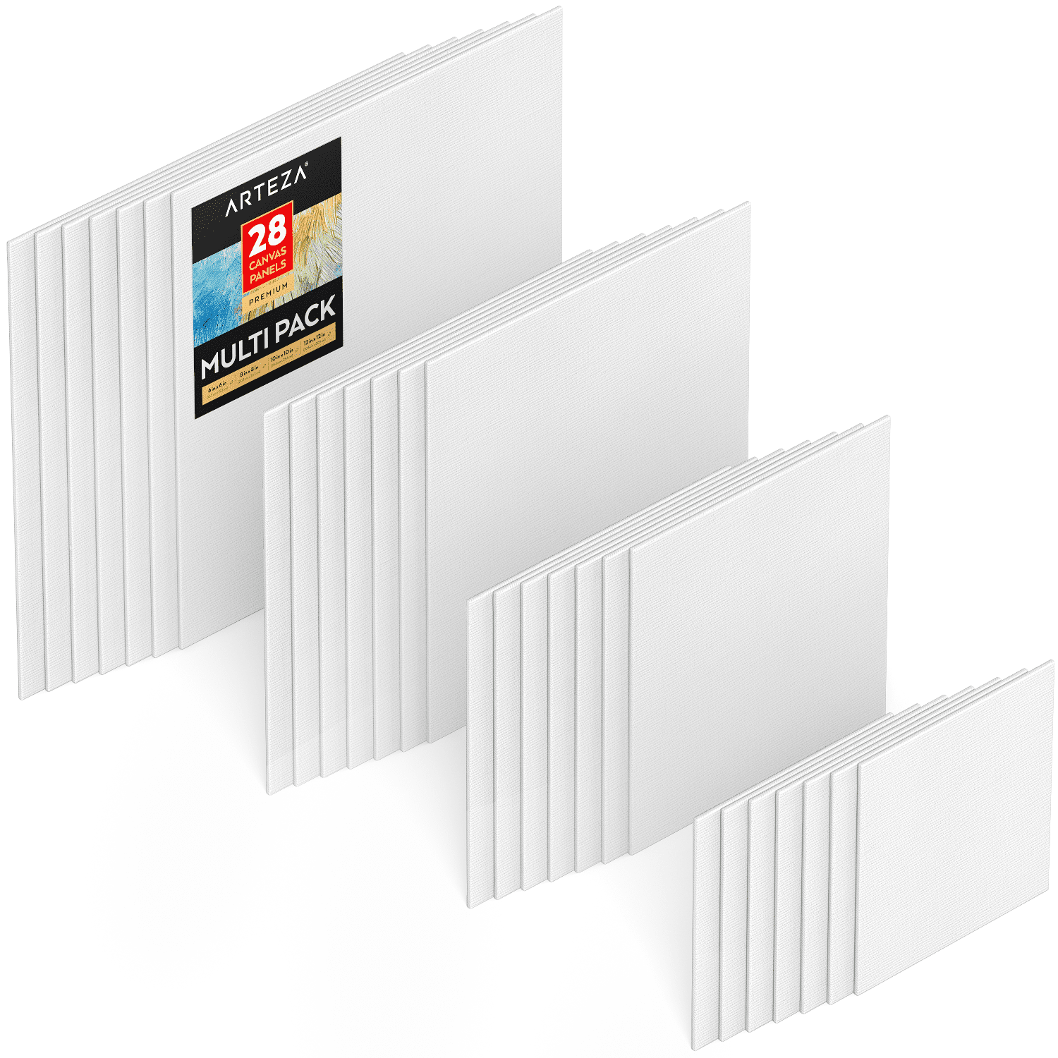 Arteza Premium Canvas Panels, White, Square, Multi Value Pack Multiple Sizes, Blank Canvas Boards for Painting - 28 Pack