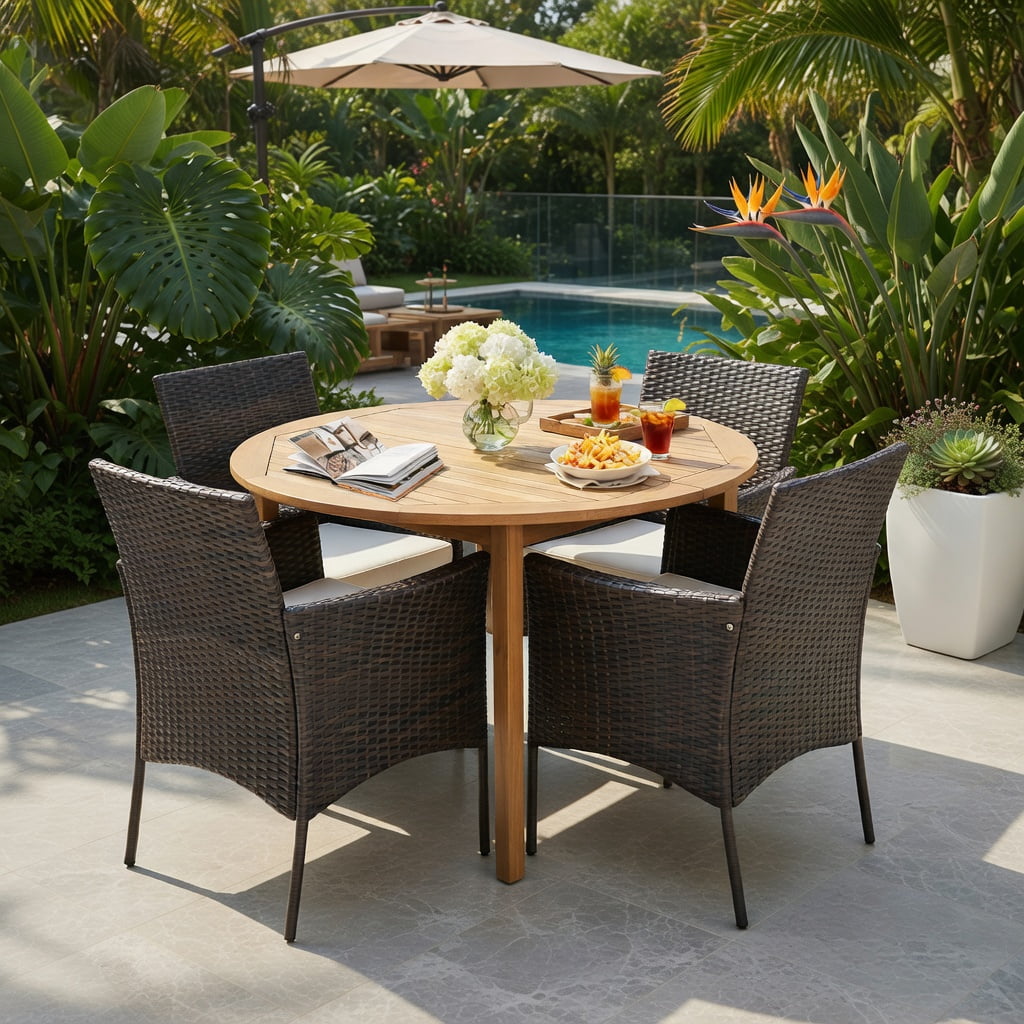 Hommoo 4-Piece Outdoor Dining Chair Set with Off-White Cushions, PE Rattan & Acacia Wood Frames, Rust-Resistant Metal Base, Patio, Poolside & Balcony Ready, Brown