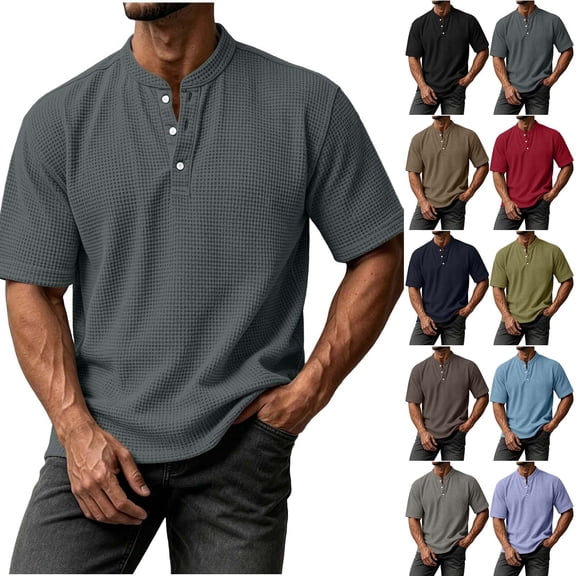 akafmk Mens Waffle Shirts Short Sleeve Crewneck T-shirts Button Front Sporty Daily Wear Summer Casual Shirts, Size S