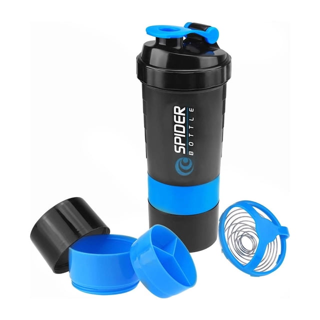 vaso mezclador onof bshf botella shaker de proteína para batidos 16 onz azul — Vaso mezclador azul y negro de 16 oz (100–500 ml) con triple almacenamiento en secciones enroscables, tapa con boquilla abatible, agitador en espiral desmontable para mezclas sin grumos y organizador de cápsulas; también suele usarse para guardar polvos o suplementos en viaje.