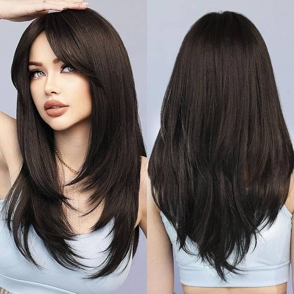 Mictong long natural black wig with bangs, women's straight hair wig, heat-resistant multi-layer wig, suitable for daily use, black, 1 piece