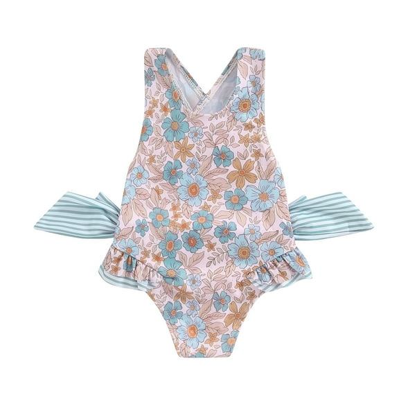 Toddler Girl Swimsuit Floral Print Sleeveless U-Neck Swimwear Cute Ruffled Bathing Suits