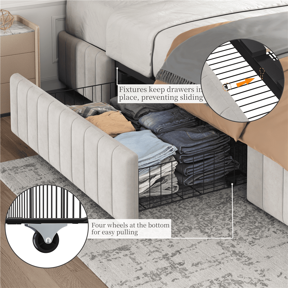 Fullfurnique Upholstered Platform Bed Frame with Three Storage Drawers, Queen, Beige