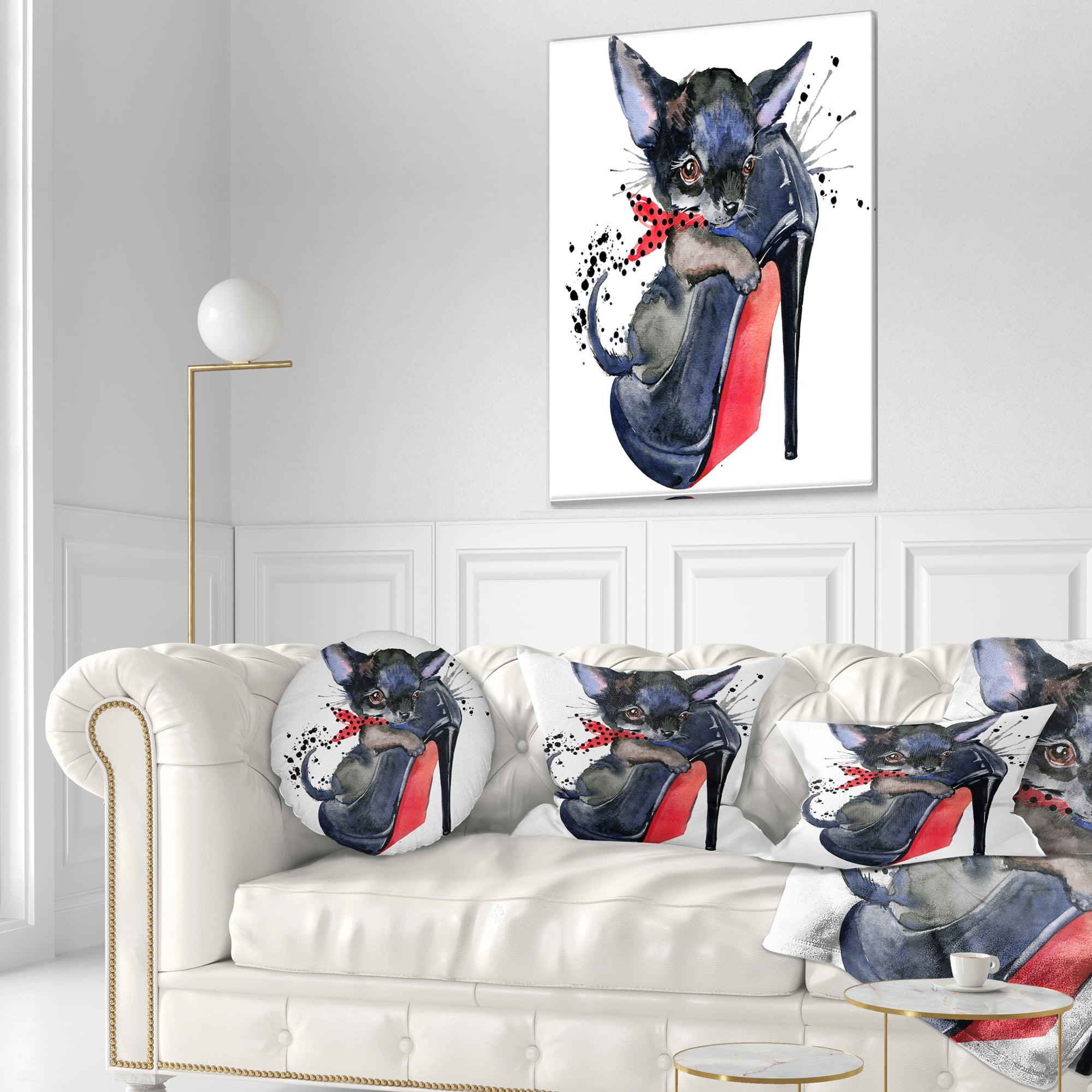Designart Cute Dog over Large Heeled Shoe - Animal Throw Pillow - 12x20