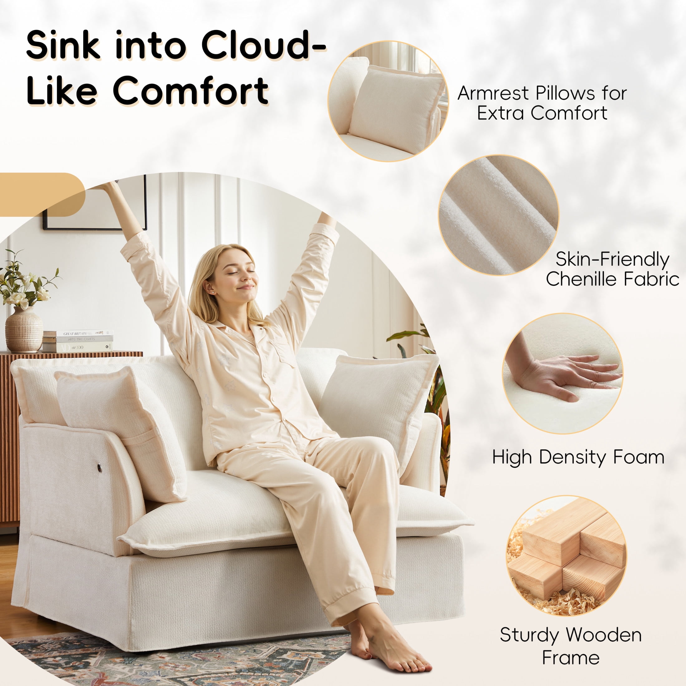 Noble House Genrix 47" Oversized Chenille Accent Chair with Charging Ports, Comfy Armchair for Living Room, White