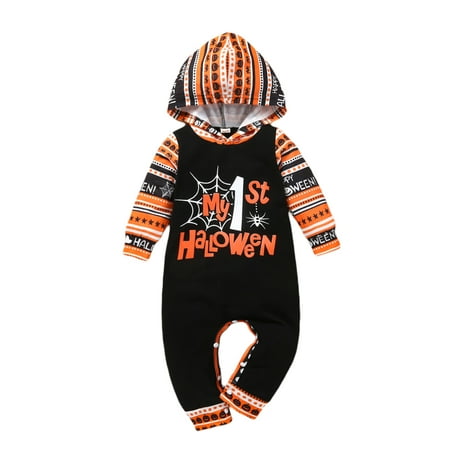 

Infant Baby Boy Hooded Jumpsuit My First Halloween Letter Pumpkin Print Celebrate Holiday Autumn Clothing