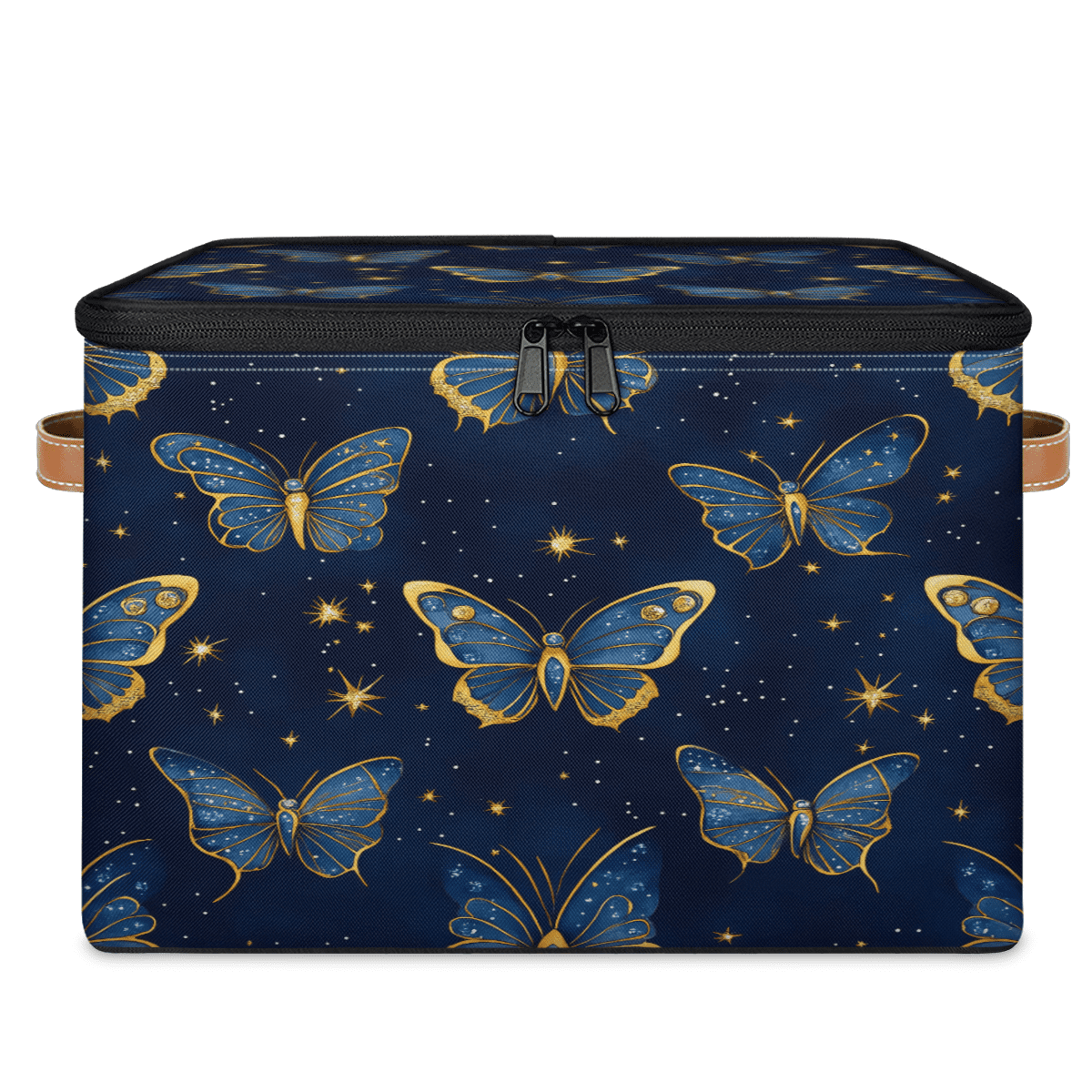 ADECORIVY Blue Gold Butterflies Storage Bin with Zipper Lid, Fabric Foldable Shelf Baskets Boxes, Closet Lidded Storage Bins, Decorative Clothes Organizer for Bedroom Home