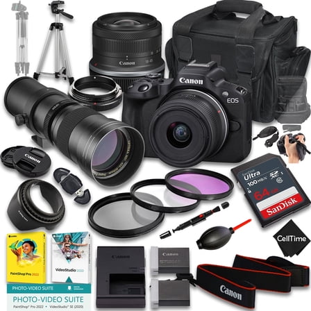 Canon EOS R50 Mirrorless Camera with RF-S 18-45mm f/4.5-6.3 IS STM And 420-800mm f/8 Manual Super HD Telephoto Lens   64 GB Memory   Extra Battery   Camera Case   More (21pc Bundle)