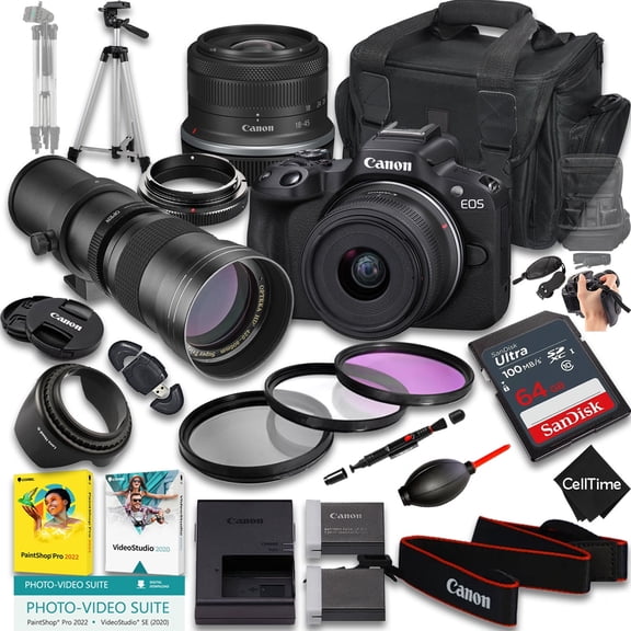 Canon EOS R50 Mirrorless Camera with RF-S 18-45mm f/4.5-6.3 IS STM And 420-800mm f/8 Manual Super HD Telephoto Lens   64 GB Memory   Extra Battery   Camera Case   More (21pc Bundle)