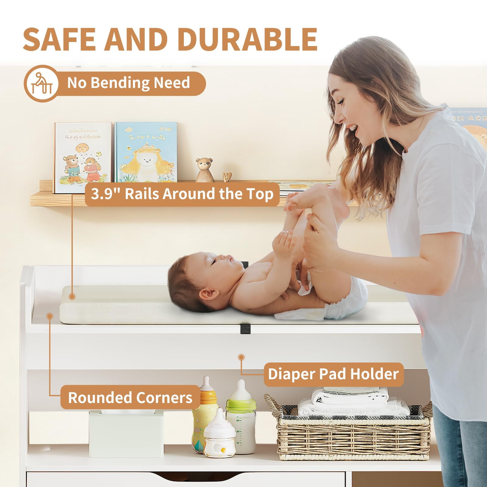 Cuoote 3 Drawer Diaper Changing Table Dresser, White