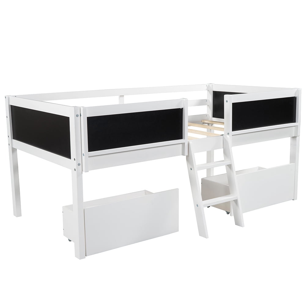 Kadyn Twin Size Low Loft Bed with Two Drawers,with Decorative Guardrail Chalkboard,White