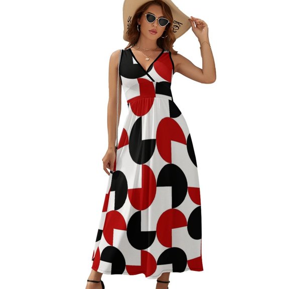 Geometric Retro Style Black Red White Womens Night Club Maxi Dress V Neck Sleeveless Bohemia Long Dresses