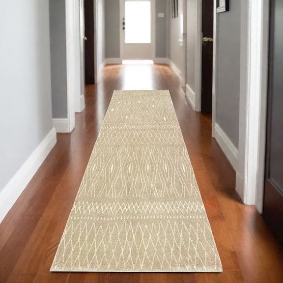 8' Sand And Ivory Geometric Power Loom Runner Rug