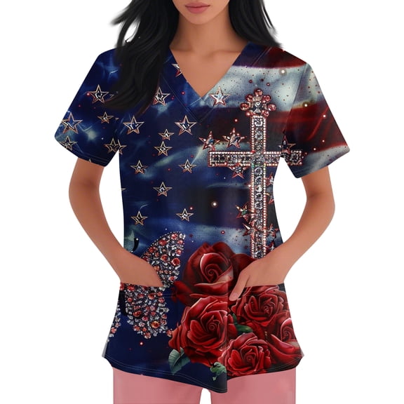 FrzhBrz Patriotic Scrub Tops Women 4th of July American Flag Stars Stripes Nurse Uniforms Trendy V Neck Side Slits Scrub Shirt Holiday Short Sleeve Medical Workwear with Pockets