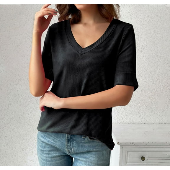 lmcalzta Ribbled Knit T Shirts for Women 1/2 Sleeve V Neck Causal Tops Blouses Summer Solid Color Basic Tees