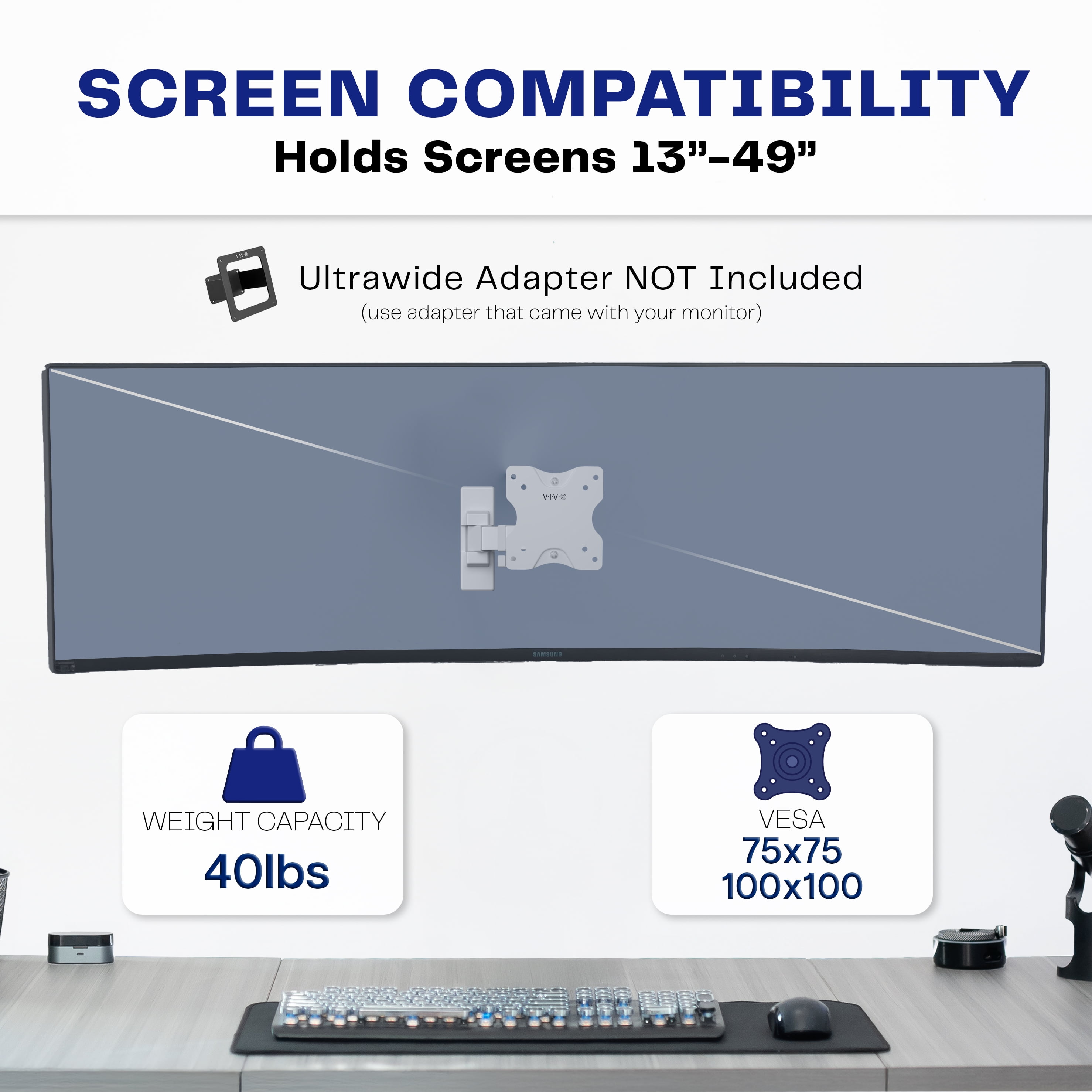 VIVO White Full Motion 13" to 49" Ultrawide Monitor Wall Mount