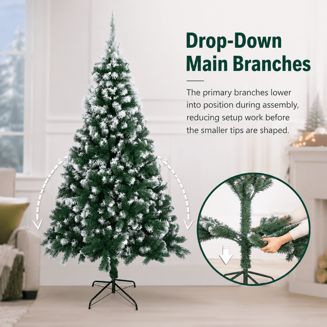Alvantor 7 ft Unlit Artificial Christmas Tree with 870 Snow-Tipped PVC Branch Tips and 3-Screw Metal Stand, Green and White