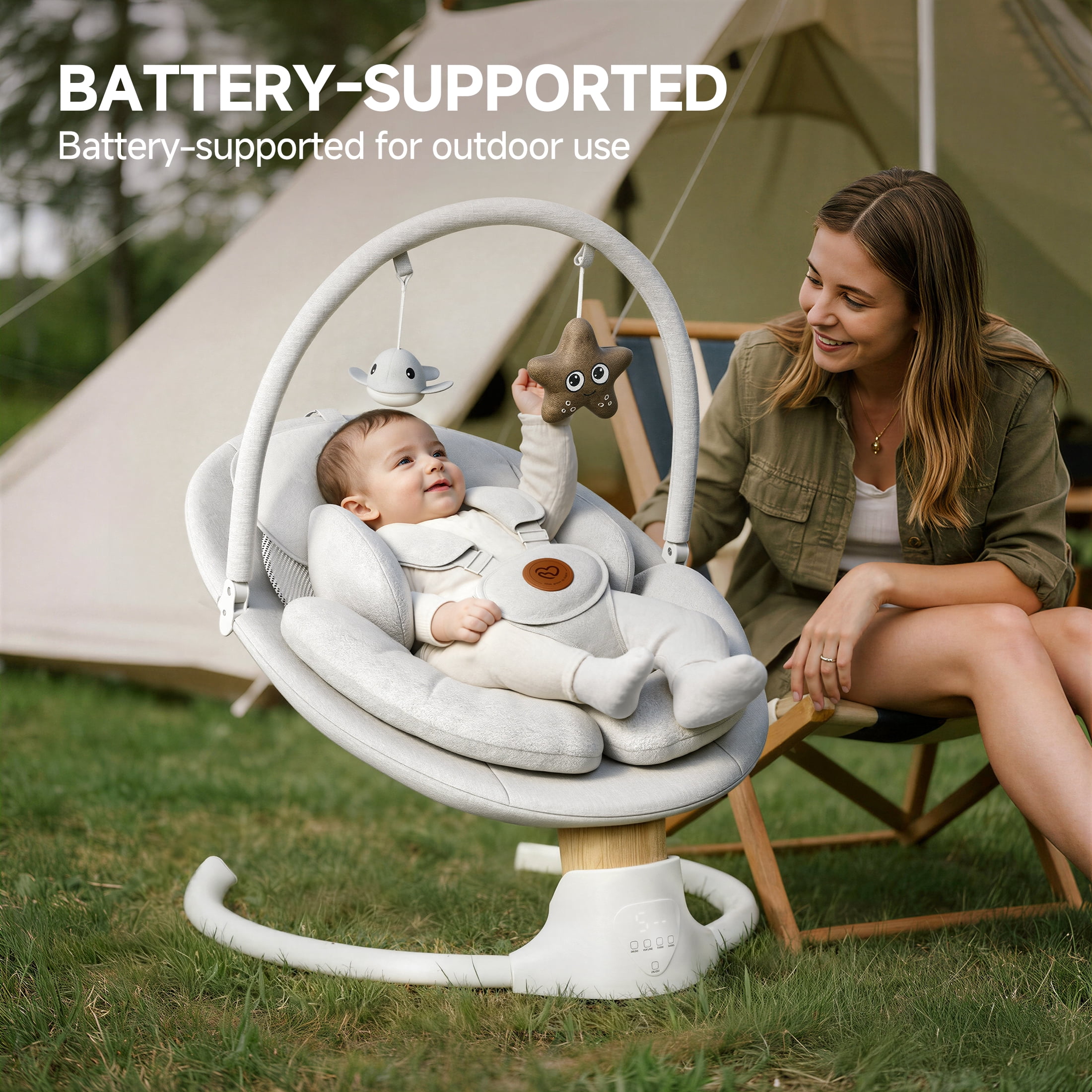 Babyomi Portable Baby Swings for Infants to Toddler, Electric Swing with Music Speaker, 3 Seat Positions , 5 Speeds, and Remote Control - Infant Swing for Indoor and Outdoor, Grey