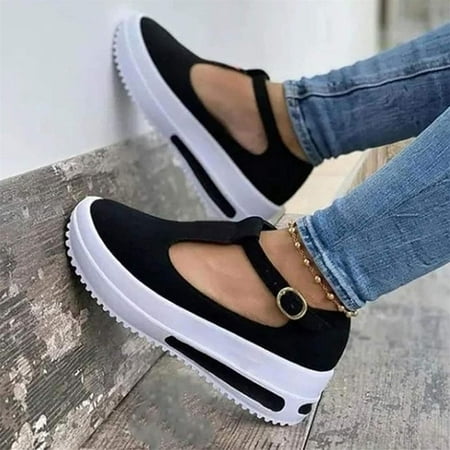 Summer Womens Wedge Platform Buckle Strap Sandals Ladies Spring Retro Round Head Loafers for Women Low Upper Wedge Heel Shoes Buckle Design