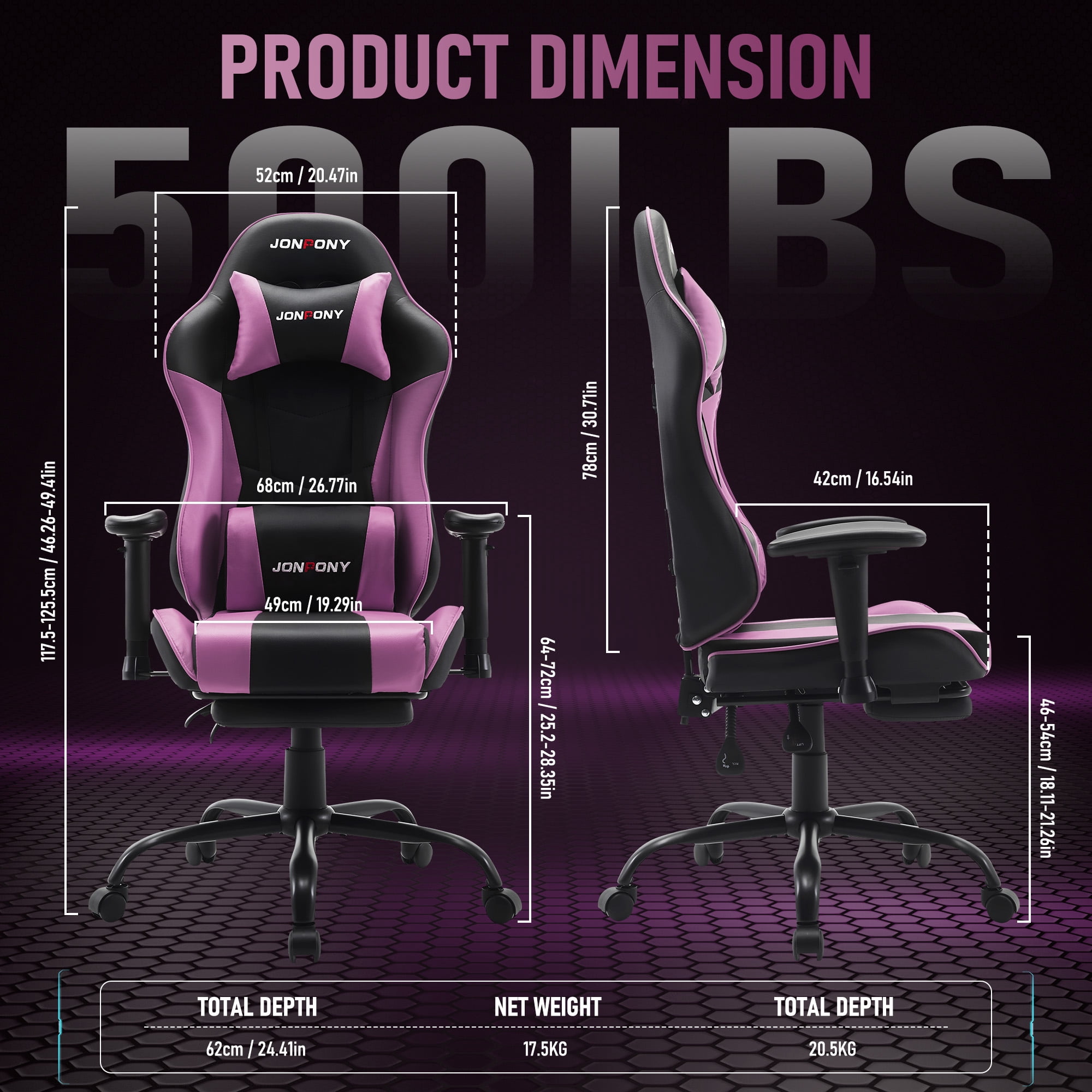 JONPONY Big and Tall 500LBS Gaming Chair with Footrest and Lumbar Support, High Back Ergonomic Recliner,Height Adjustable Leather Computer Desk Chair for Home Office, Purple