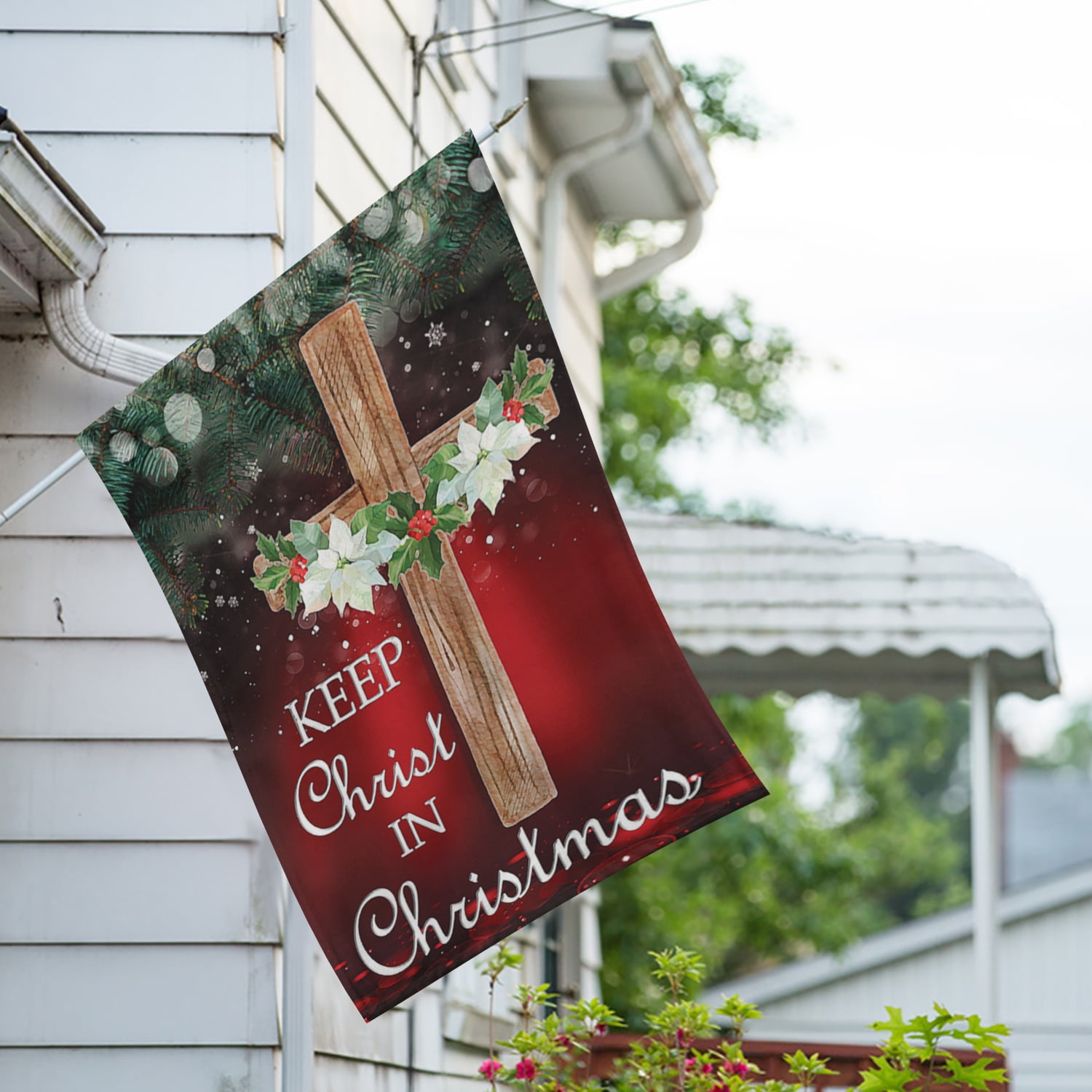America Forever Keep Christ In Christmas Cross House Flag, 28 x 40 inch Double Sided, Wooden Cross Poinsettias Holly Banner, Religious Holiday Outdoor Decor, Christmas Yard Decorations Flag