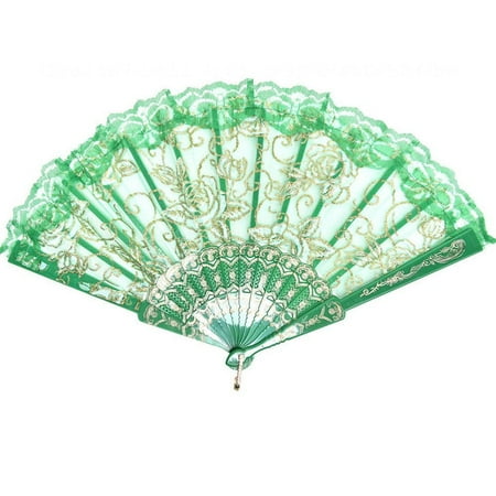 

MARSMO Handmade Cotton Lace Folding Printing Hand Fan for Party Bridal Wedding Decoration Gift Women Dancing Hand Fans Decor Black Green