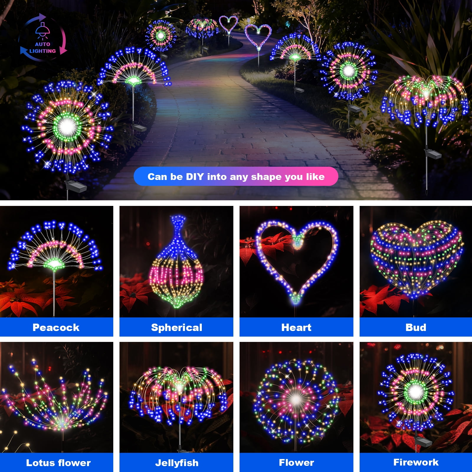 TopZoo Solar Garden Lights Outdoor, Firework Stake Lights Garden Decorative, Upgraded 180 LED Multicolor Sparklers Waterproof for Yard, Patio, Party, Christmas, Halloween, 8 Packs