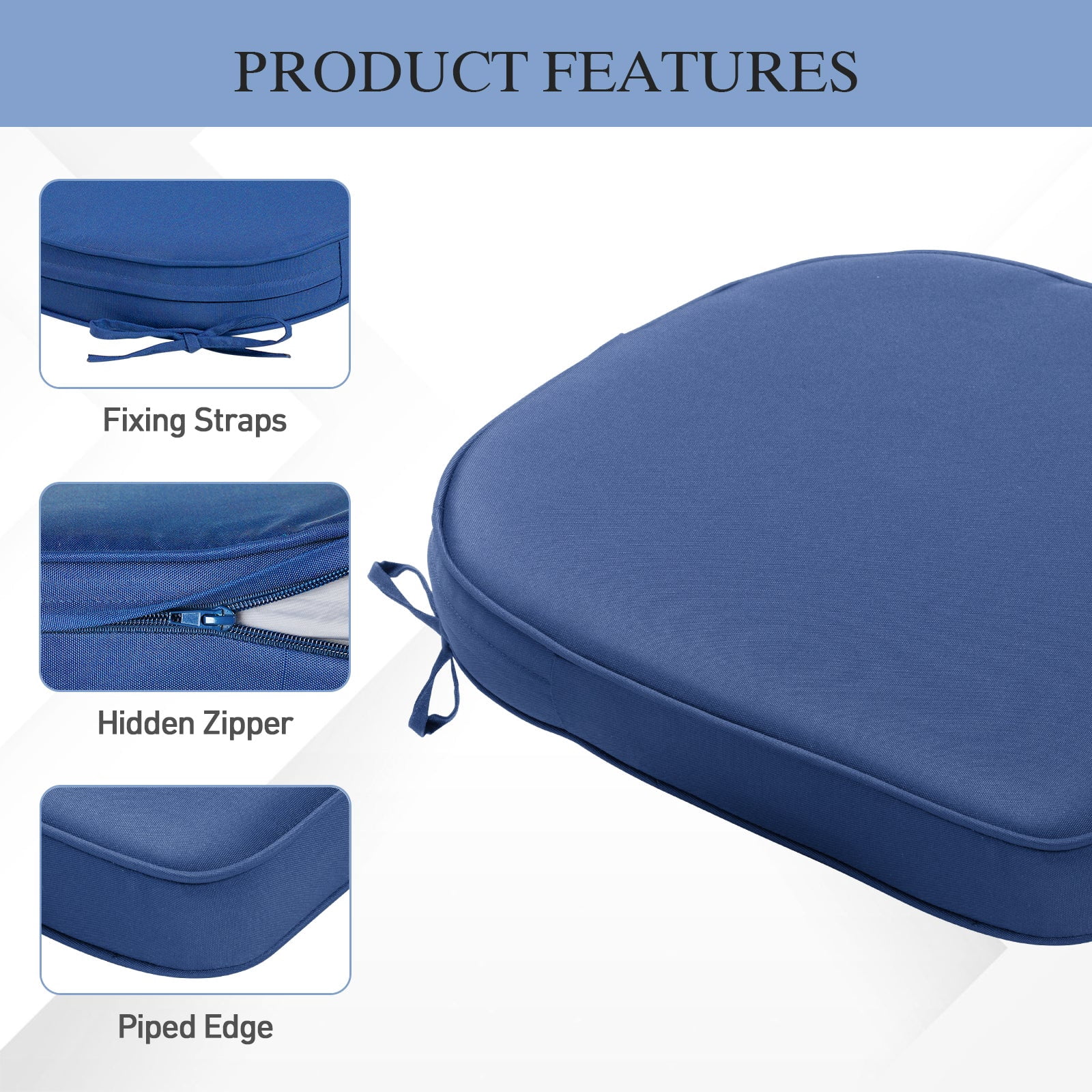 BPS 18" x 19" Outdoor Chair Cushion, Fade Resistant Patio Seat Cushion Pads with Ties, Set of 4 - Dark Blue