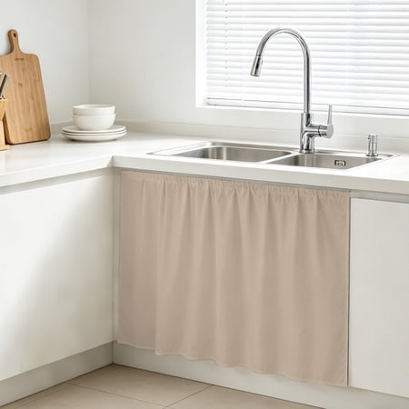 Cabinet Curtains 11 W x 13 L Pure Light Khaki Sink Skirt for Bathroom Kitchen Self Adhesive Simple Solid Color Desk Privacy Short Curtain for Pantry Storage Coffee Bar