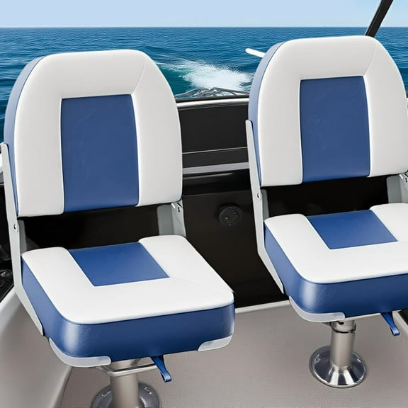 Datingday 2-Pack Universal Fit Folding Boat Seats ,20" High Back Captain Chairs w/ Thick Foam, Waterproof PVC, Aluminum Hinge for Fishing, Boating,Blue