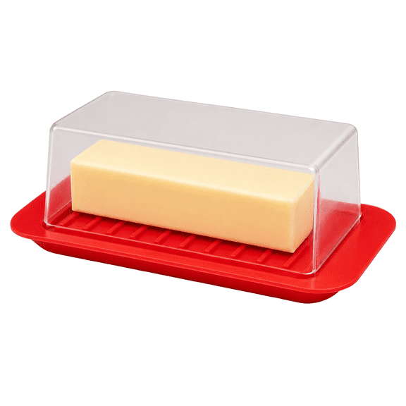 Plastic Butter Dish with Lid, Standard 1/4 lb Size, BPA-Free, Red Base with Smoked Clear Cover