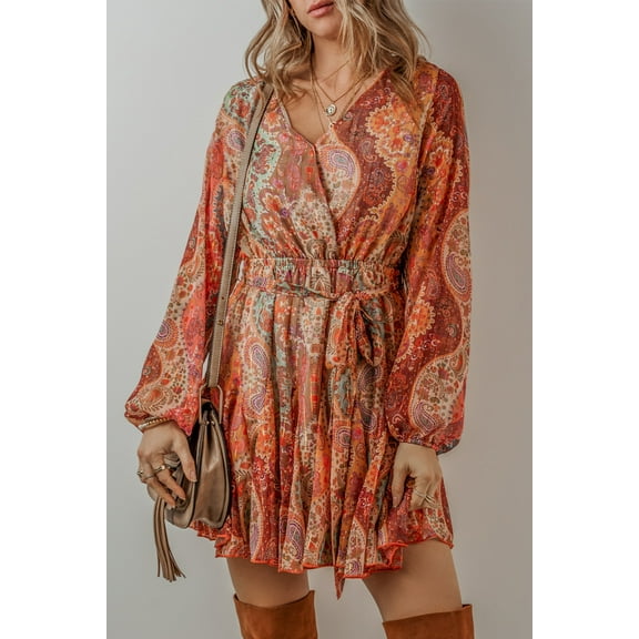 Ushdele Vibrant Orange Boho Chic: Paisley Long Sleeve Mini Dress