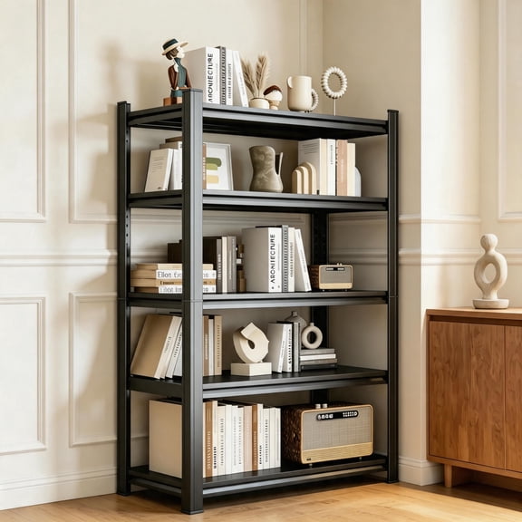 5-Tier Metal Bookshelf, Modern Industrial Bookcase, 72" H Adjustable Tall Book Shelf, Heavy Duty Storage Shelf for Books & Display, Living Room, Bedroom, Office, Kitchen, Black-40W*16D